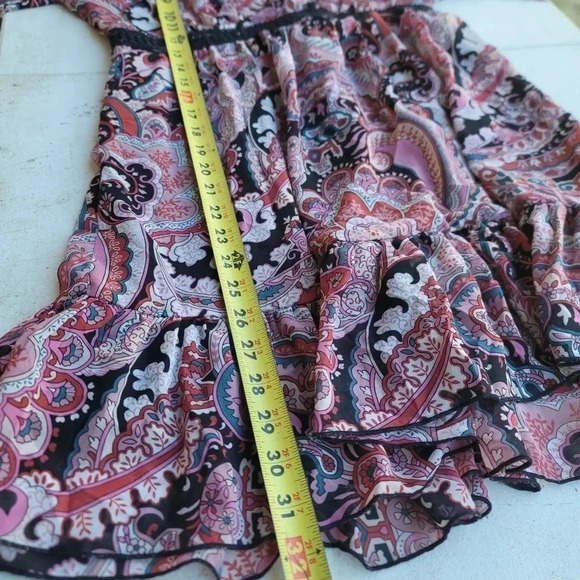 Forever 21 Black Pink Sheer Floral Long Flare Sleeve Mini Dress V-Neck Sz L - Picture 9 of 14